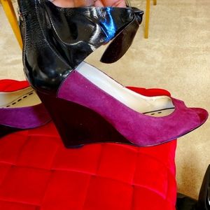 Suade and Patent Leather Shoe Booties, size 10, 3.5 inch heels